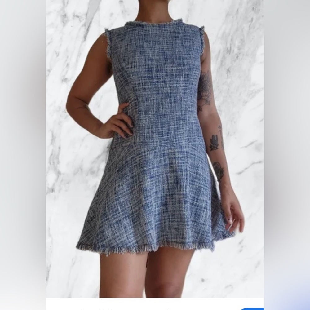 Rebecca Taylor A - Line Tweed Mini Dress Cotton Fringe Detailing in Blue size 8